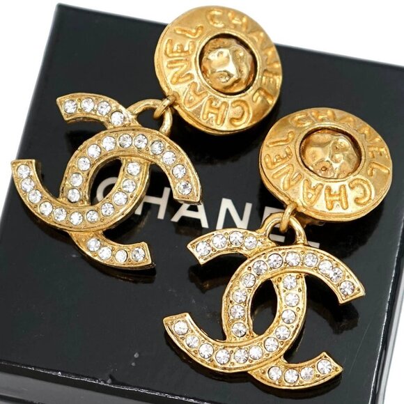 CHANEL CC Logos Dangle Earrings Rhinestone Earrings Gold Tone Auth w/Box #794-31 - Picture 1 of 6